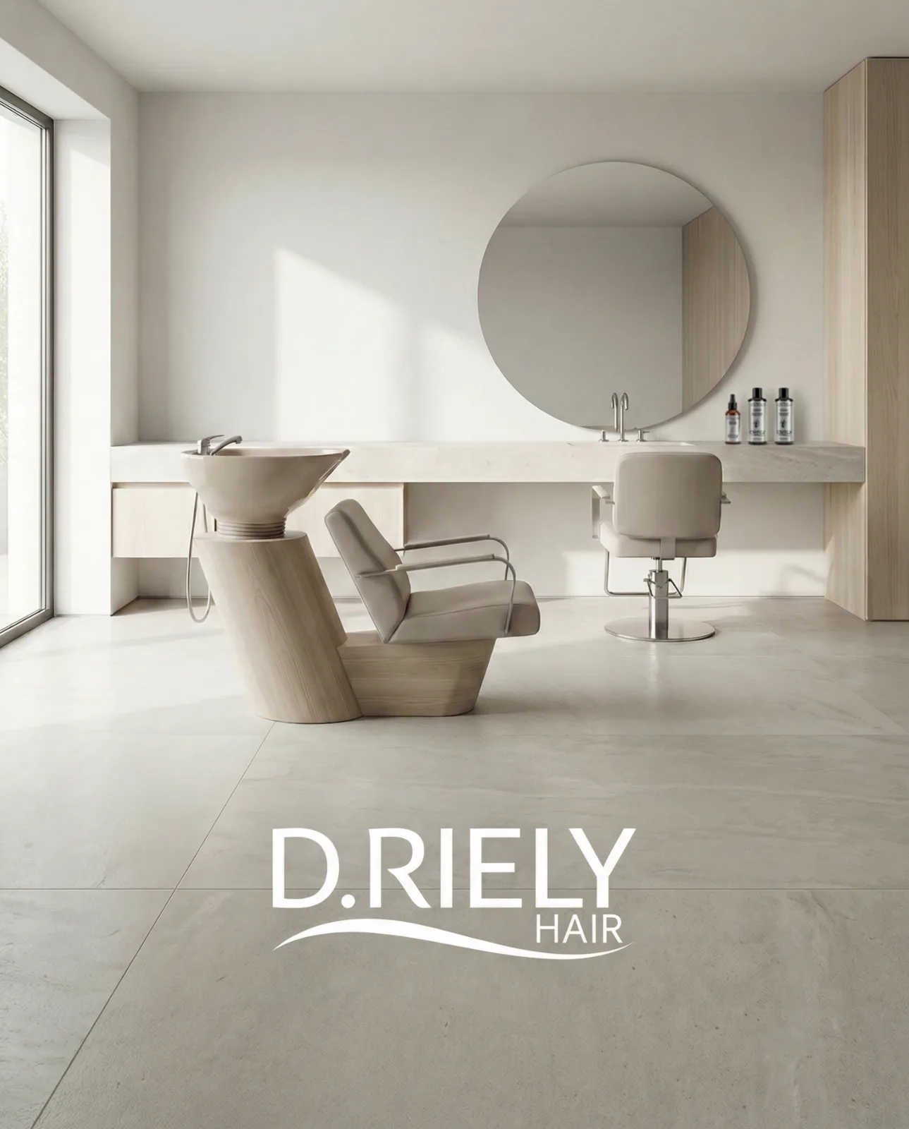 Salão de beleza minimalista com a marca D.Riely Hair