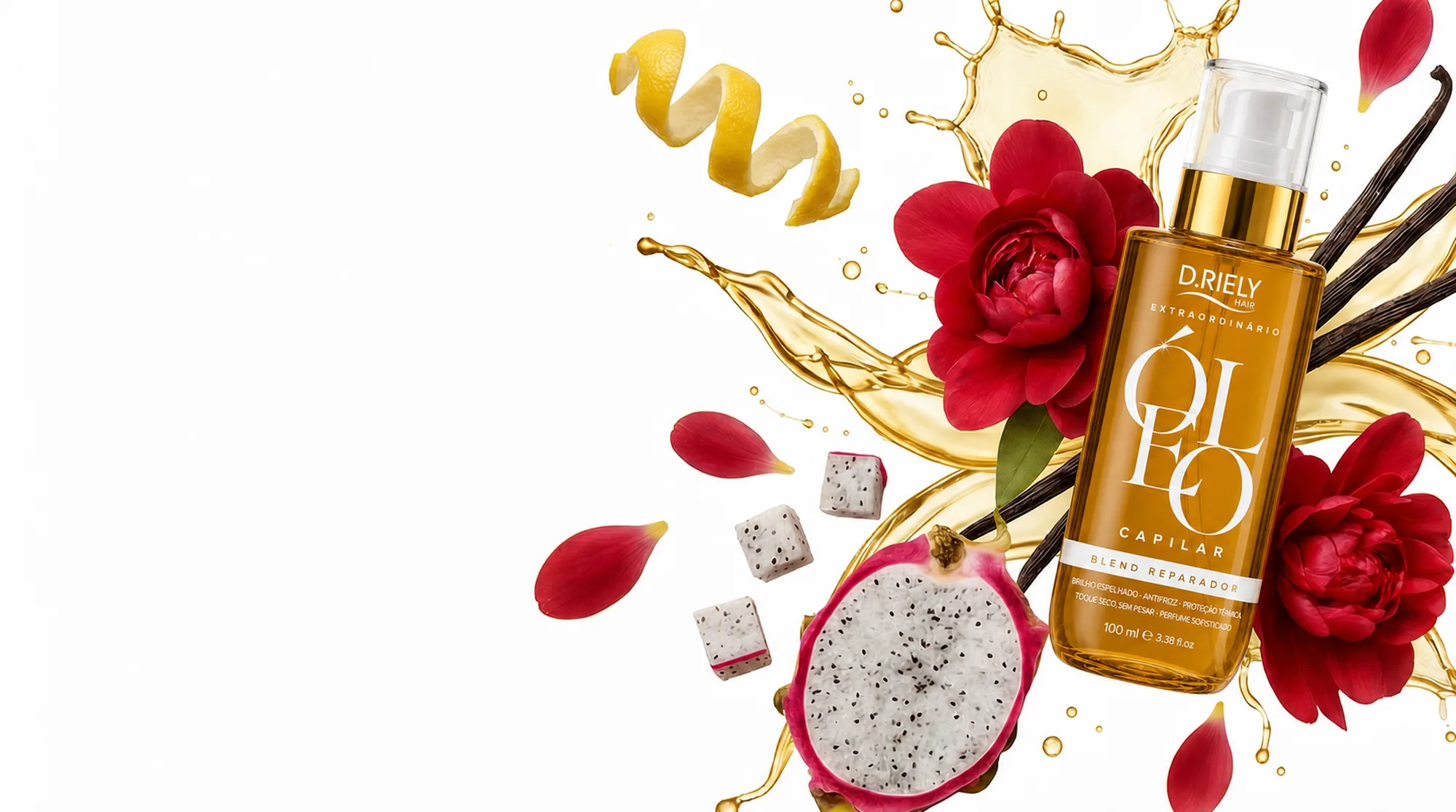 Óleo Extraordinário D.Riely Hair - óleo capilar de argan, rosa, coco e camomila com flores e splash dourado