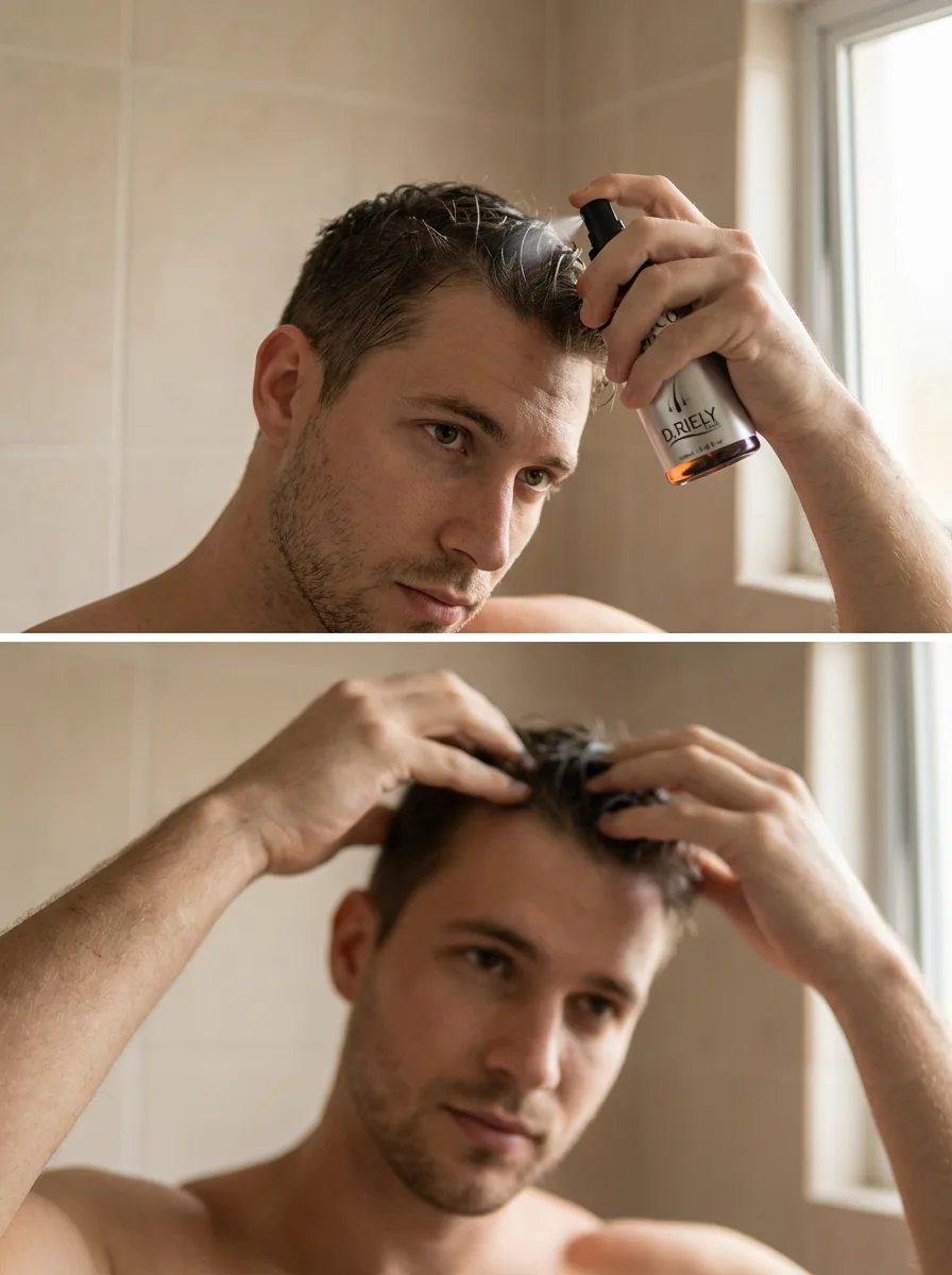 Homem usando tônico capilar