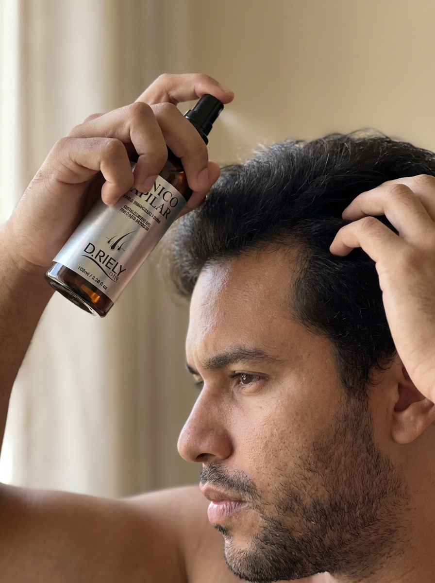 Homem aplicando tônico capilar